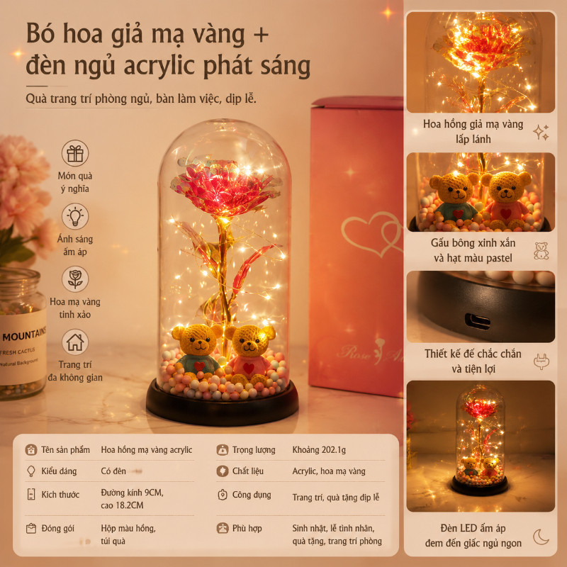 Hoa Hồng Vĩnh Cửu Phát Sáng 3D – Quà Tặng Valentine, Sinh Nhật, 8/3, Mạ Vàng 24K, Kèm Hộp Đế LOVE, Trang Trí Phòng