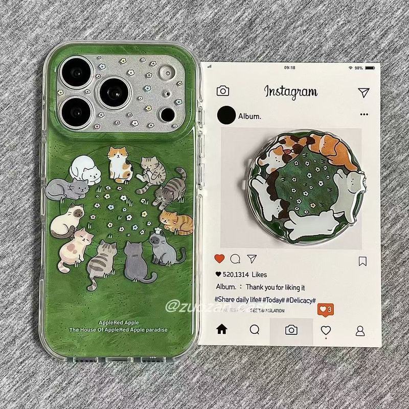 Ốp điện thoại hình mèo đáy xanh Giá đỡ từ tính Apple 17 15pro14 / 13iPhone16 Vỏ bảo vệ hợp thời trang 12 Vỏ bảo vệ phong cách mới