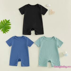 3 Bộ áo liền quần có vách ngăn mùa hè cho bé trai Áo liền quần ngắn tay cổ tròn màu trơn cho trẻ sơ sinh