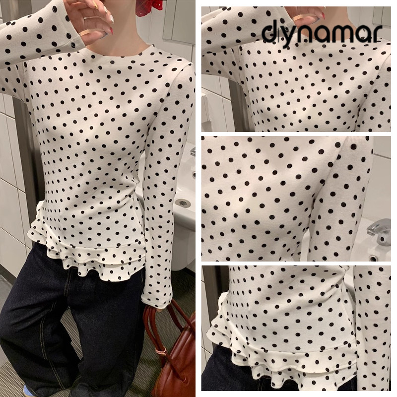 【dynamar】HÀNG CÓ SẴN-Áo thun dài tay chấm bi kiểu dáng ngọt ngào, viền bèo nhún, cổ tròn dành cho nữ.