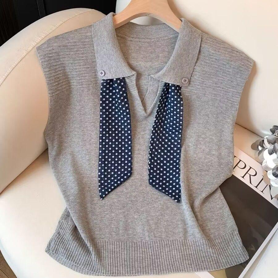 [Hàng mới về] Mùa hè Hàn Quốc Cổ áo polo Thời trang Ve áo Khăn lụa Thiết kế Sense Đan Áo len Top