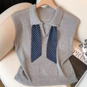 Mùa hè Hàn Quốc Cổ áo polo Thời trang Ve áo Khăn lụa Thiết kế Sense Đan Áo len Top