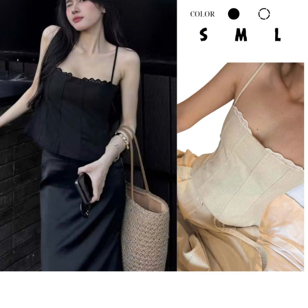 Áo 2 Dây Linen Ren Nguc Chiết Eo Ôm Dáng Áo Cúp Ngực Phối Viền Ren - SamHi Closet