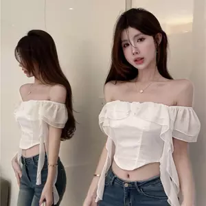 Một Vai Chắp Vá Áo Sơ Mi Nữ Mùa Hè Pháp Ngọt Cay Cao Cấp Eo Ngắn quây Niche Sang Trọng Xương Cá Top