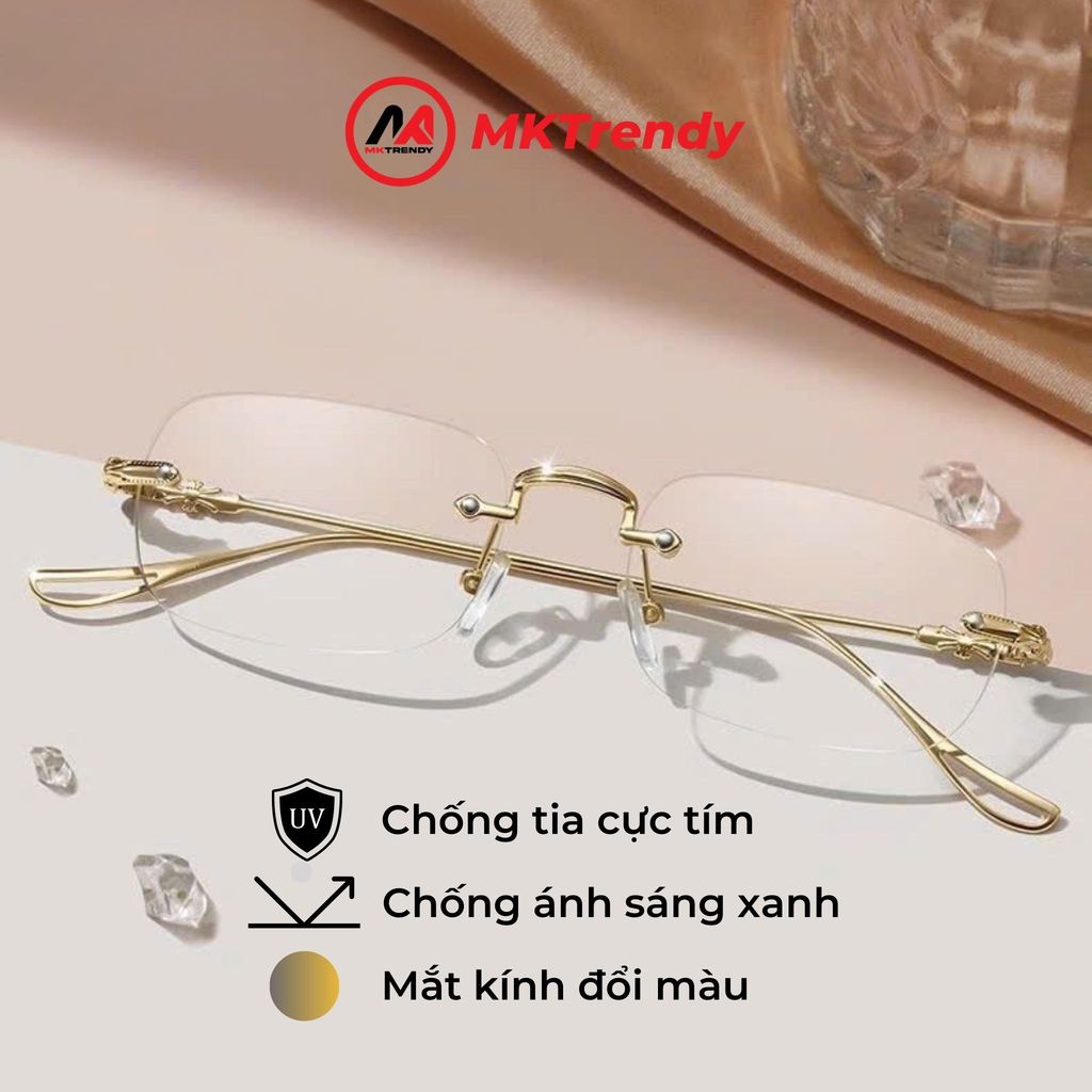 Kính không viền đổi màu MKTRENDY gọng kim loại chống ánh sáng xanh chống tia UV thời trang tổng tài X13