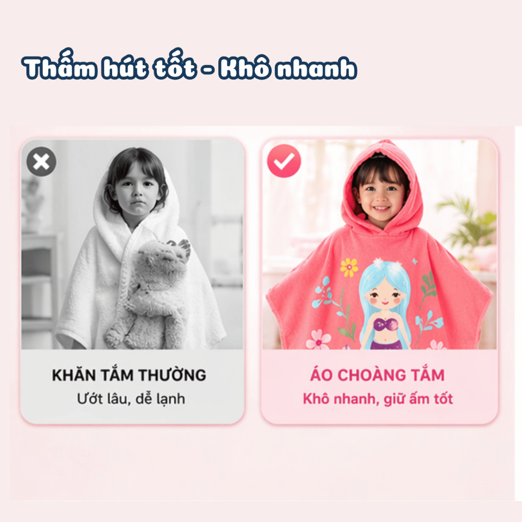 Khăn Tắm Cotton Cho Bé Có Mũ,  Khăn Tắm Trùm Đầu Trẻ Em, Thấm Hút Nhanh, Giữ Ấm Sau Khi Tắm, Đi Bơi