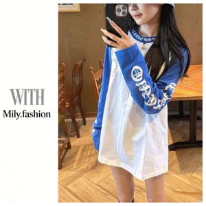 Milyfashion Kích Thước Lớn In Chữ Thiết Kế Đáy Dài Tay T Thu Đông Phong Cách Mới Tương Phản Màu Khâu Top Quần Áo Nữ