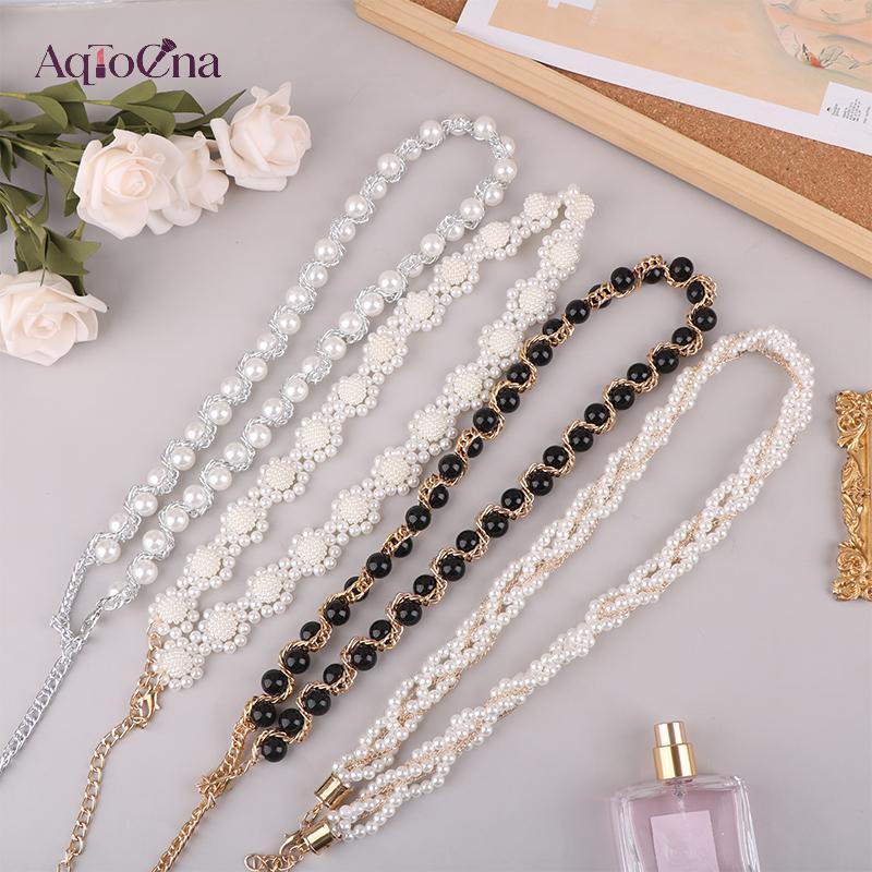 AqToCna Thắt lưng nữ ngọc trai với dây xích đàn hồi - Phụ kiện thời trang cho quần áo