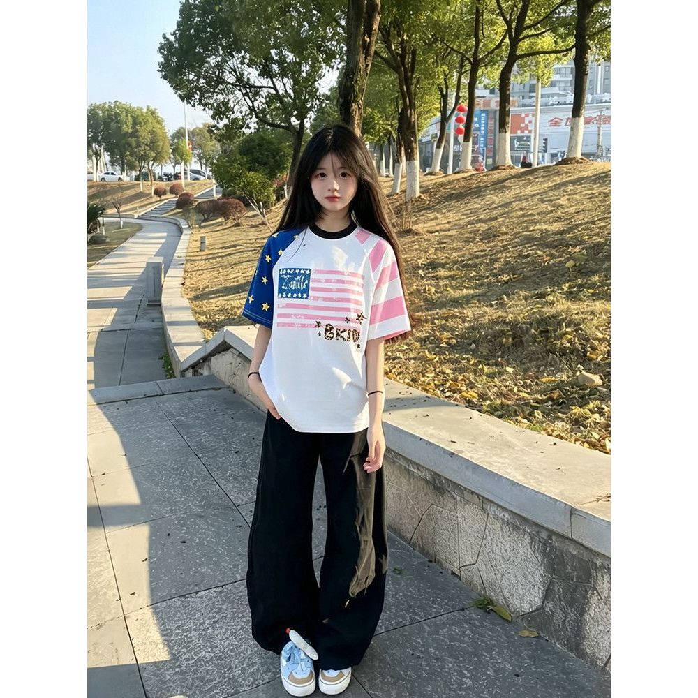 Milyfashion Áo Thun Tay Ngắn Màu Sắc Tương Phản Ngôi Sao, Phong Cách Mỹ Preppy Style Mùa Hè
