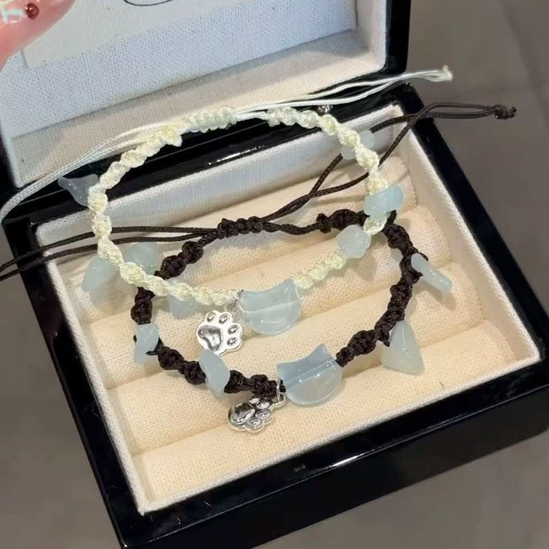 Vòng Tay May Mắn Hình Mèo Con và Bốn Lá Cỏ Ba Lá, Dệt Tay, Ngọt Ngào