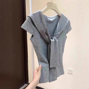 Áo thun ngắn tay cổ áo hải quân có dây buộc giả hai mảnh thời trang màu trơn Thiết kế đơn giản tươi mát Giảm tuổi phù hợp cho nữ26042806