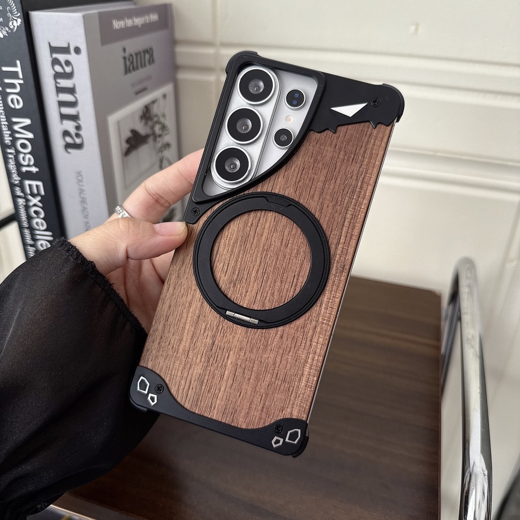 Dành Cho Samsung Galaxy S23 S22 S24 S25 S26 Ultra Walnut Gỗ Kim Loại Viền Giáp 360° Giá đỡ từ tính xoay Vỏ chống sốc