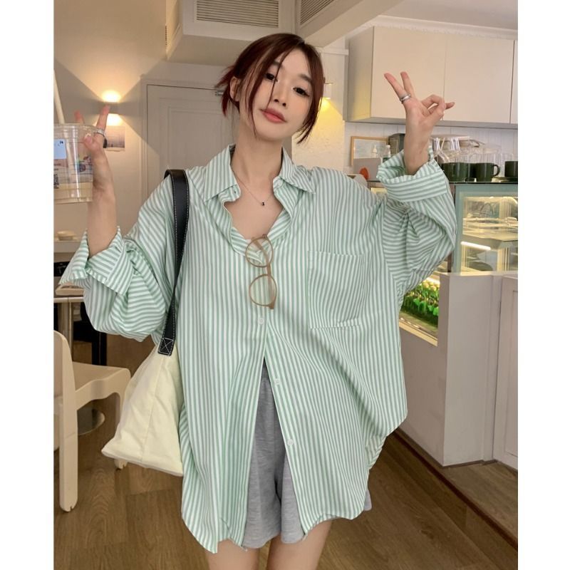 Kii Wii Áo sơ mi sọc dài tay dáng rộng phù hợp mùa hè 260429