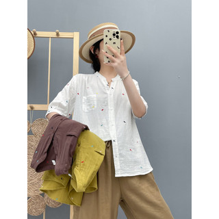Áo sơ mi nữ cotton cao cấp mùa hè, thiết kế cổ chữ V thêu và tay ngắn