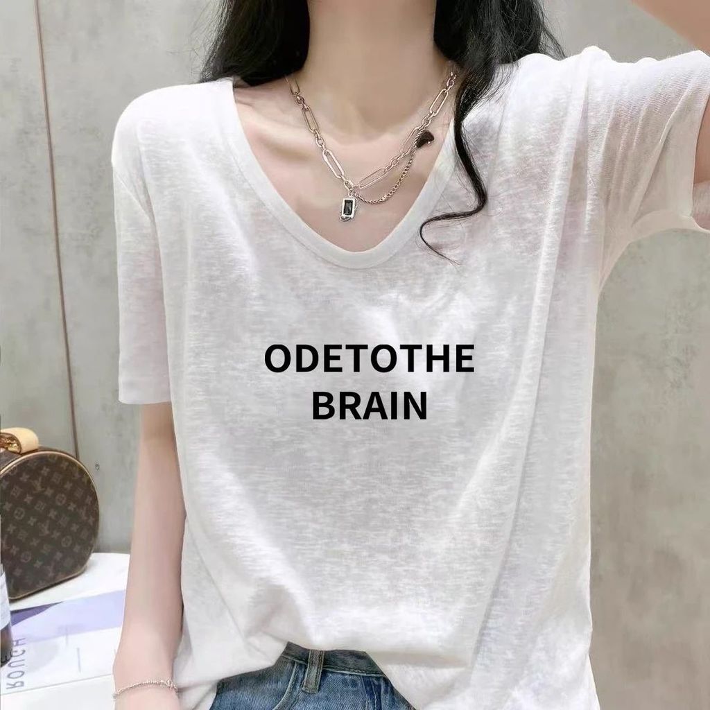 Áo Thun Nữ Mới Rời Trắng Tay Ngắn Size Lớn Cổ Chữ V Mỏng Nửa Tay