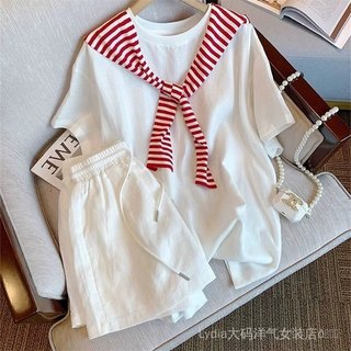 [Giảm giá trong thời gian có hạn] Quần áo nữ chất lượng cao thời trang cỡ lớn Bộ đồ thể thao thông thường đơn giản Hàn Quốc dành cho nữ Thời trang mùa hè Quần Short ngắn tay màu trắng dáng rộng hai mảnh