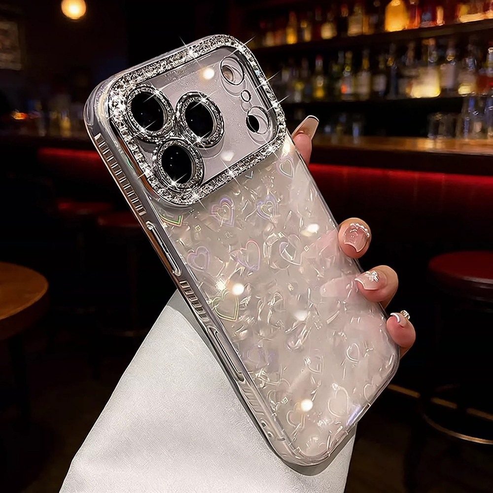 Ốp điện thoại Acrylic họa tiết vỏ Laser Love Heart cho iPhone 17 Pro Max 16 15 14 13 12 11 Vỏ bảo vệ chống sốc