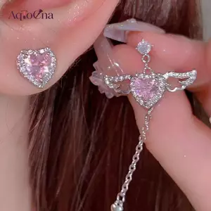 AqToCna Pha Lê Hồng Đôi Cánh Thiên Thần Mặt Dây Chuyền Trái Tim Ren Viền Bông Tai Dành Cho Người Phụ Nữ Trang Sức Tối Giản Cô Gái Ne Dây Xích Cupid Người Phụ Nữ Cô Gái Quà Tặng Thời Trang Trang Trang Sức AqToCna