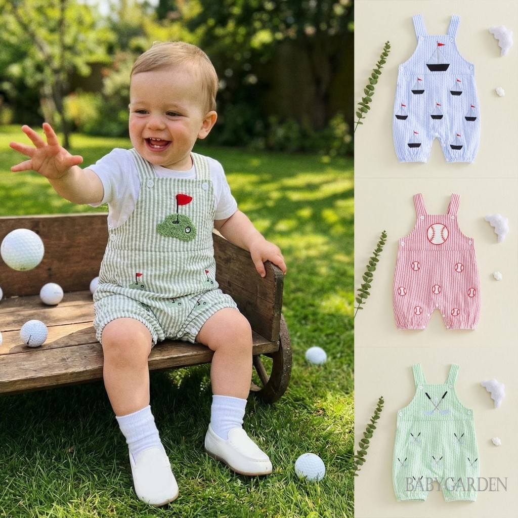 Bộ áo liền quần bé trai cho trẻ sơ sinh Quần yếm sọc cổ vuông / thuyền buồm / bóng chày dễ thương