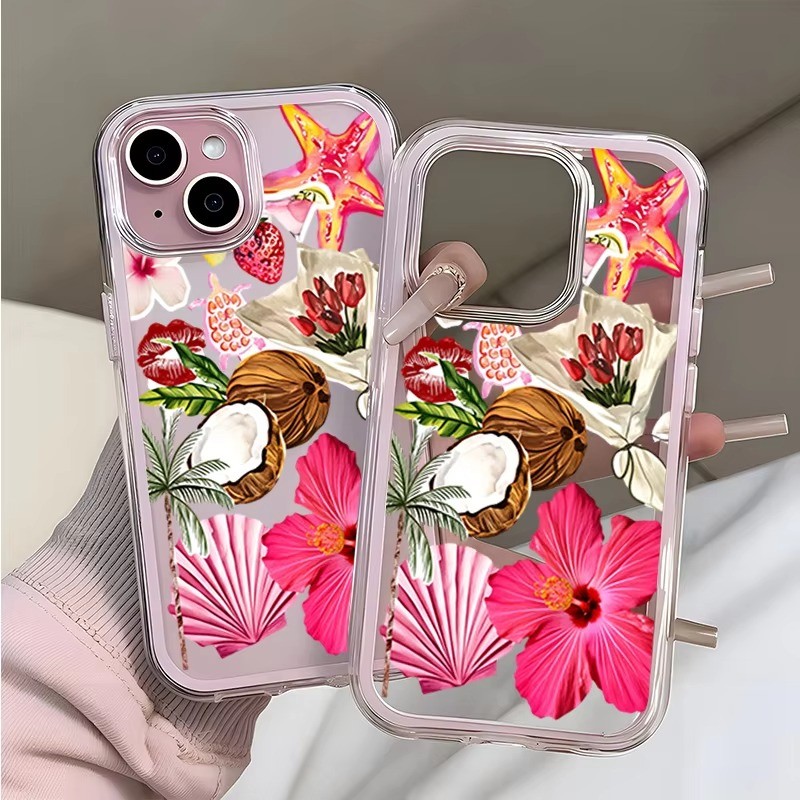 Hoa Nhiệt Đới Dừa Sao Biển TPU Màu Hồng Trong Suốt Ốp Lưng Điện Thoại iPhone 17 16 15 Pro Max 14 13 12 11 Pro 15 Plus Bìa Mềm