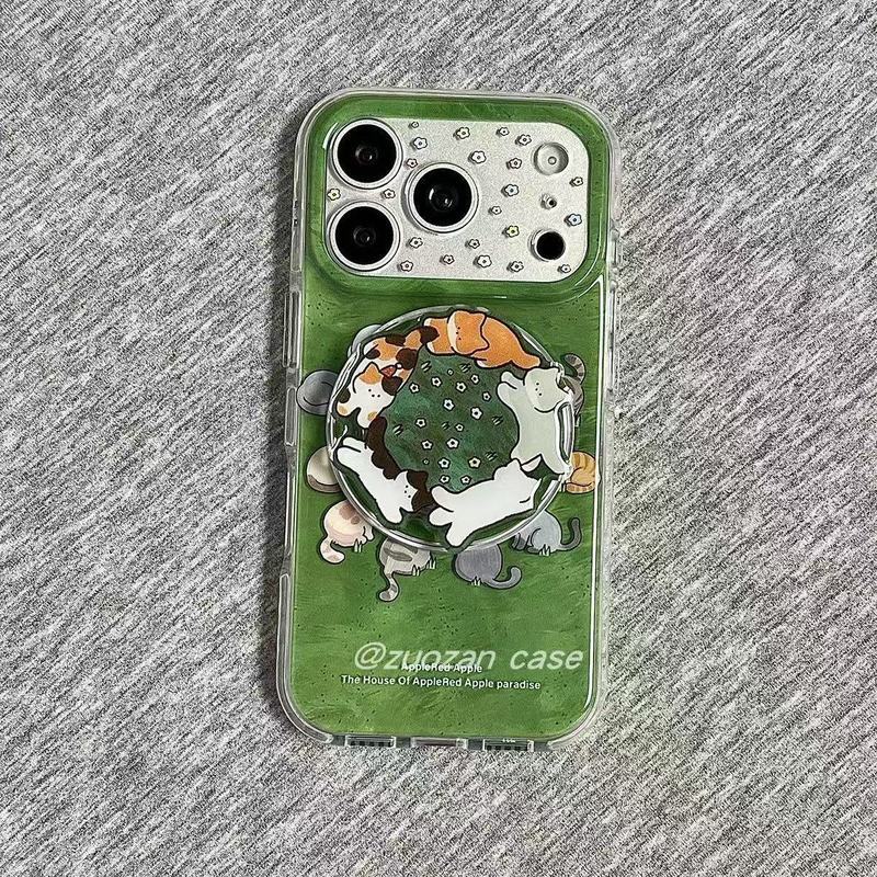 Ốp điện thoại hình mèo đáy xanh Giá đỡ từ tính Apple 17 15pro14 / 13iPhone16 Vỏ bảo vệ hợp thời trang 12 Vỏ bảo vệ phong cách mới