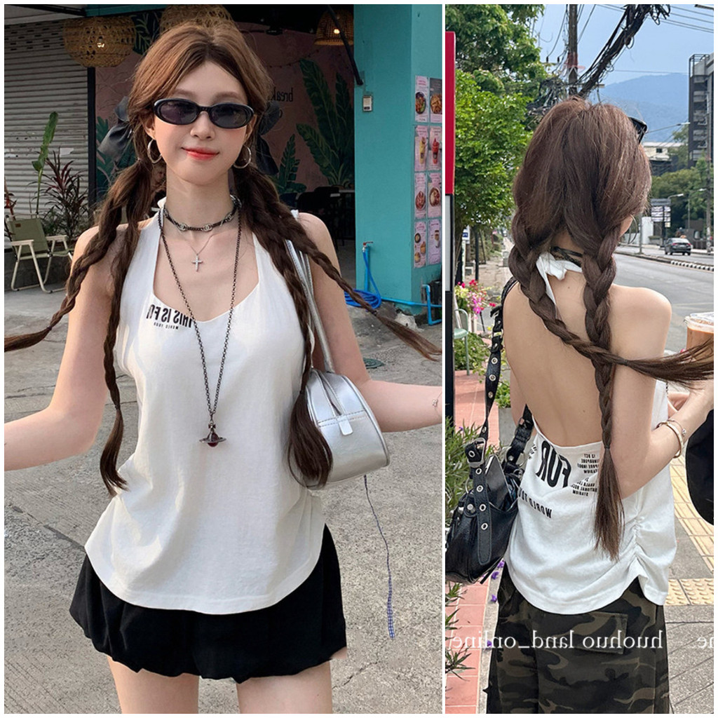 áo 2 dây American Hot Girl In Chữ Dây Cổ Màu Trắng Phong Cách Dây