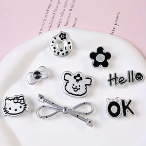 Set Charm Hello Kitty Bạc Đen 🖤🎀 Mix Nơ Kim Loại Flower & Donut Cute Style Hàn Quốc Sang Chảnh Gắn Dép Cực Xinh