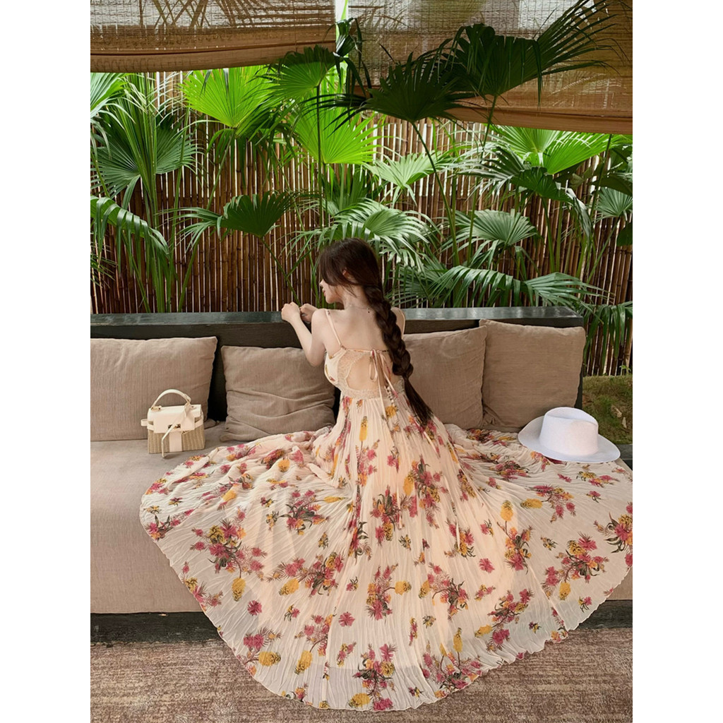 Đầm maxi cổ V dập li dịu dàng rũ nhẹ