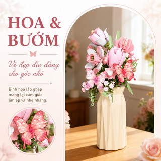 Khối xây dựng hoa DIY – hướng dương, bướm – Cắm hoa bó, có bình – Trang trí nhà cửa, quà tặng bé gái, dễ lắp ráp