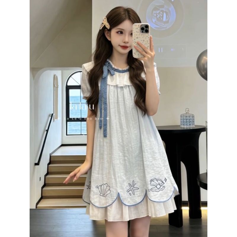 [Khuyến mãi trong thời gian có hạn] Phong cách Hàn Quốc ngọt ngào Preppy Phong cách Bowknot Puff Tay áo thiết kế Váy nữ mùa hè Phong cách mới dáng rộng mỏng hơn Váy ngắn