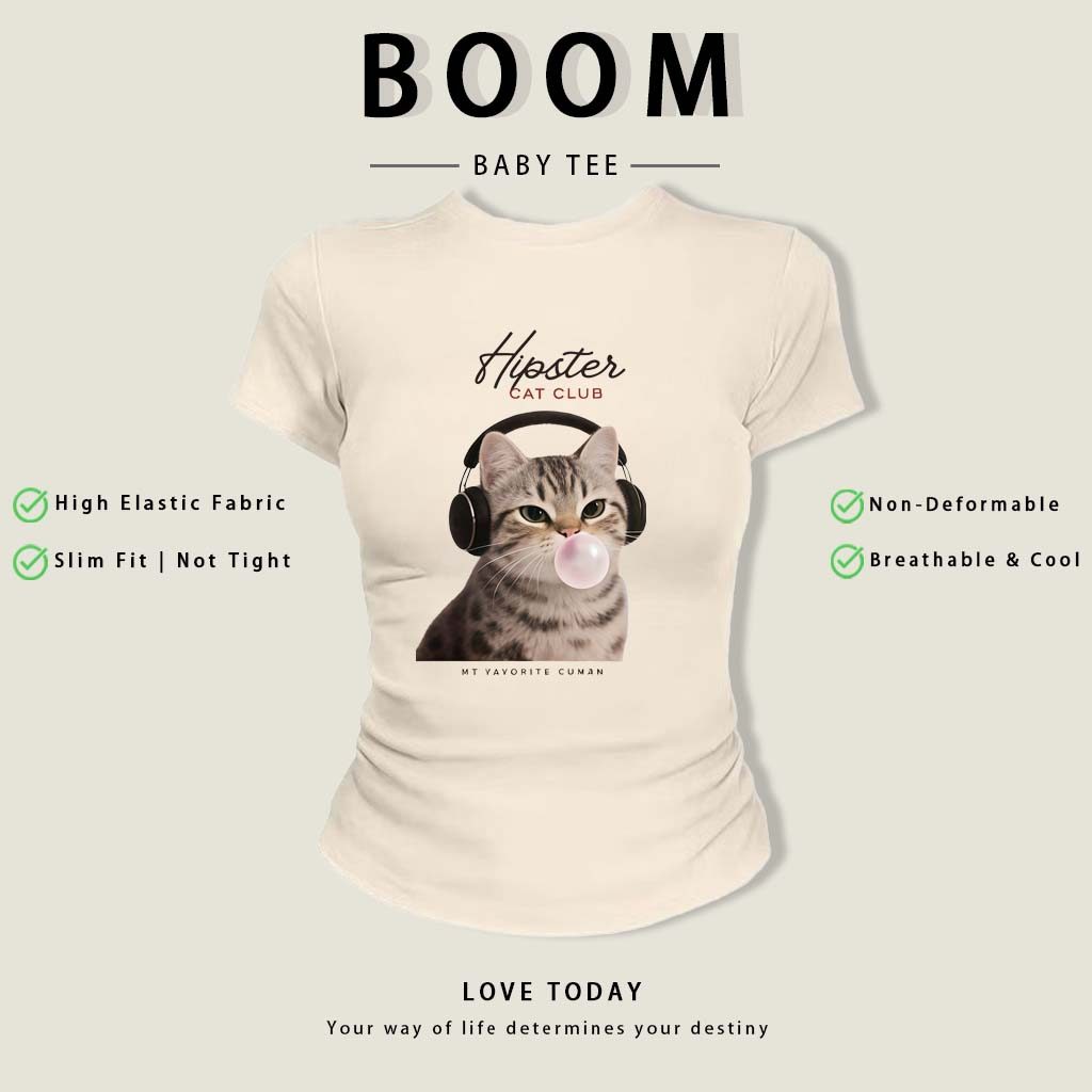 BOOM Áo Baby Tee Nữ Cotton Ôm Body-Áo Thun Ngắn Tay Y2K In Hình PhongCách Mùa Hè, Cổ Tròn Hàng Đầucách hàn quốc phongE35