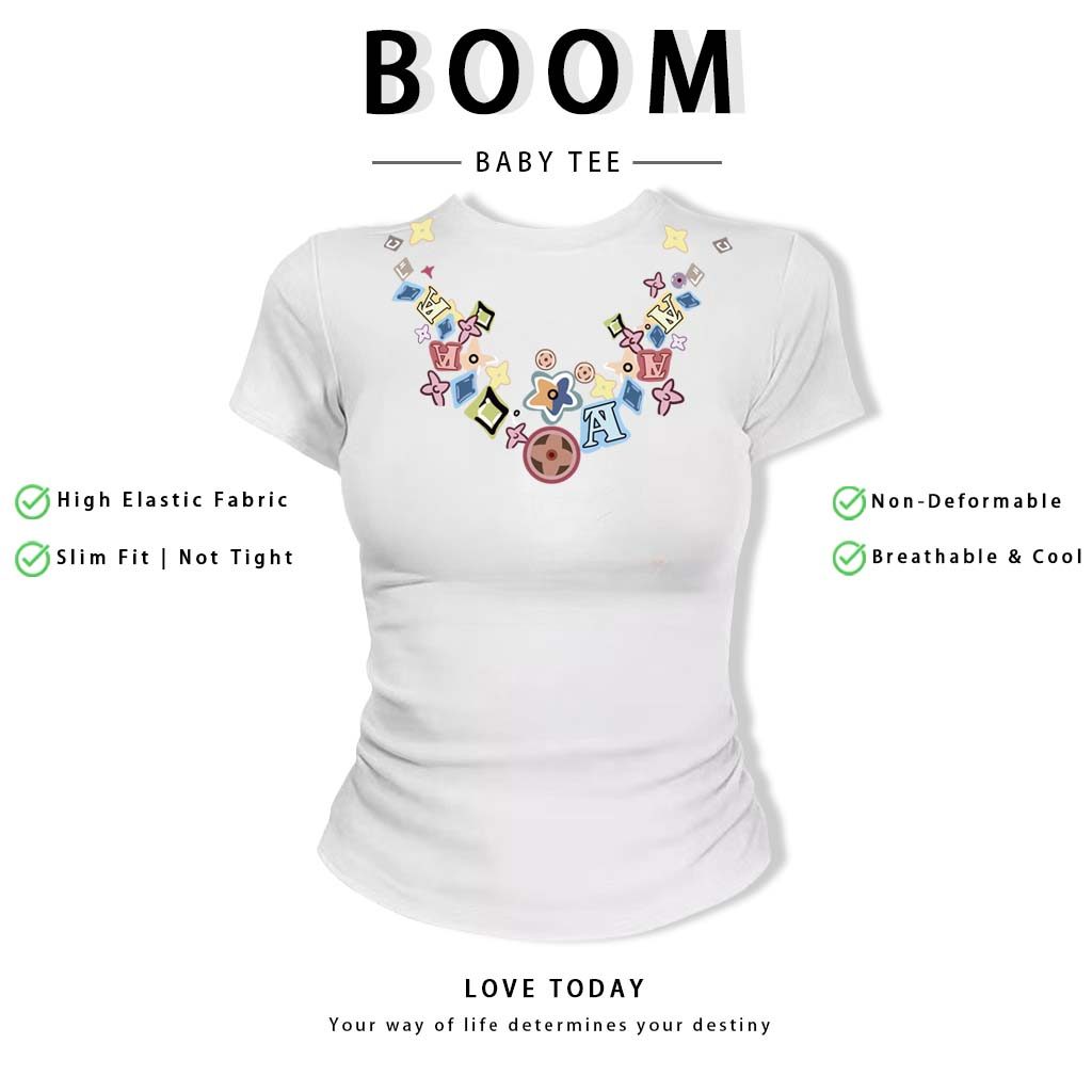 BOOM Áo Baby Tee Nữ Cotton Ôm Body-Áo Thun Ngắn Tay Y2K In Hình PhongCách Mùa Hè, Cổ Tròn Hàng Đầucách hàn quốc phongR13