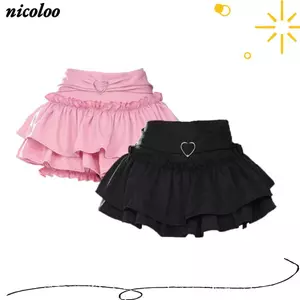 Váy chữ A NICOLOO, Váy xếp ly Mini cạp cao, Kawaii Váy dự tiệc màu đen hồng phong cách ngọt ngào dành cho nữ