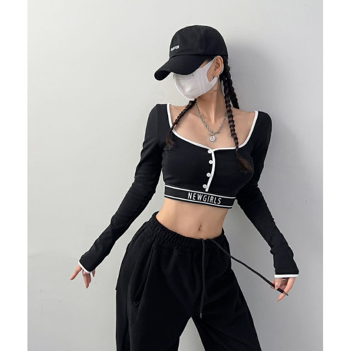 Milyfashion Tay Dài T Màu Khóa Siêu Ngắn Rốn Cao-