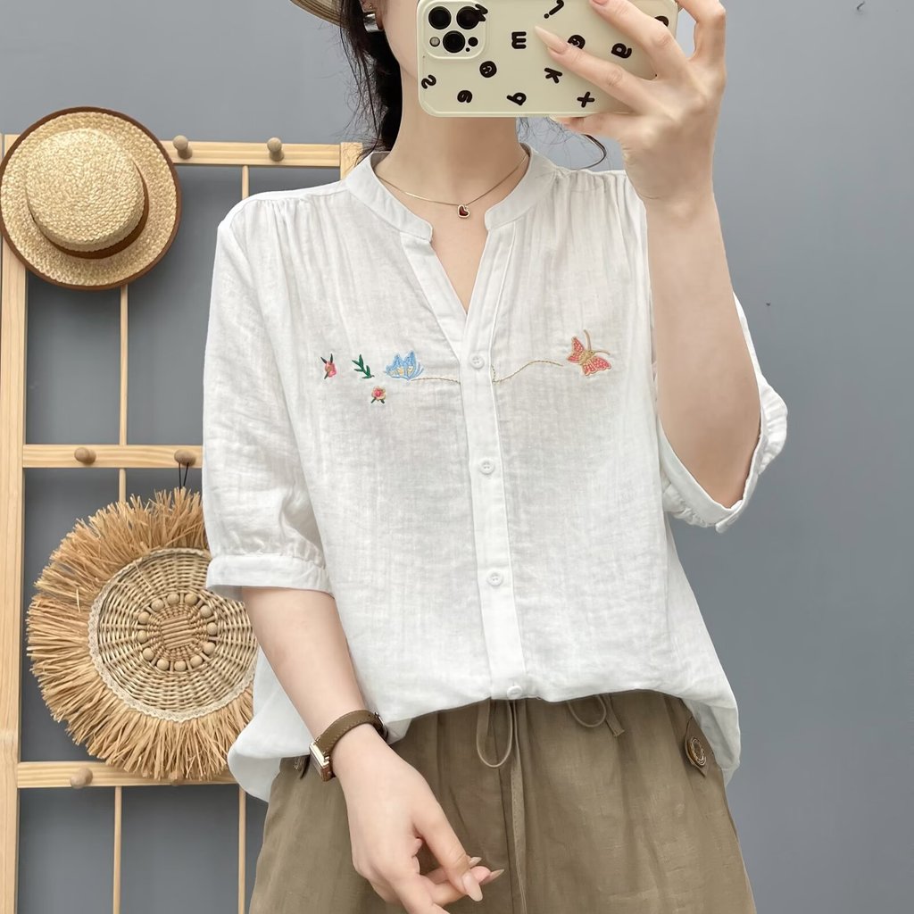 [Hàng có sẵn] Áo sơ mi nữ 100% Cotton chất lượng cao Mùa hè Áo sơ mi dài tay đa năng tay năm phần tư