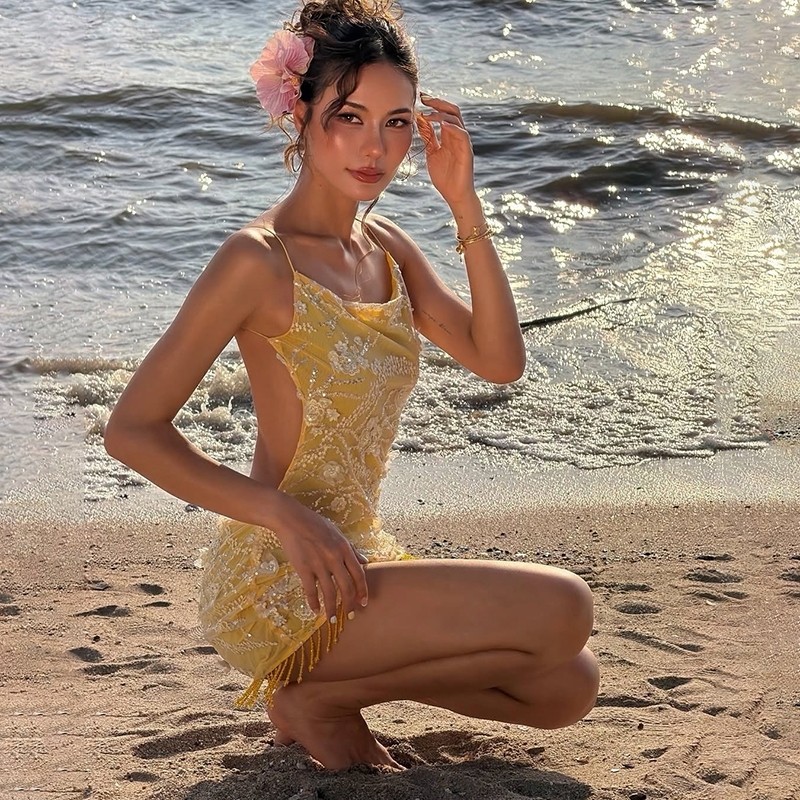 Cutenew Kim Sa Lấp Lánh Đầm Mini Gợi Cảm Lưng Bodycon Lãng Mạn Nữ Bầu Không Khí Mùa Hè Hawaii Kỳ Nghỉ Mặc