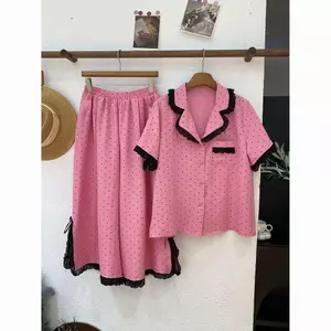 Bộ đồ ngủ cỡ lớn rộng 40-80kg Chấm bi phong cách ren Quần ngắn tay có ve áo Loungewear Suit