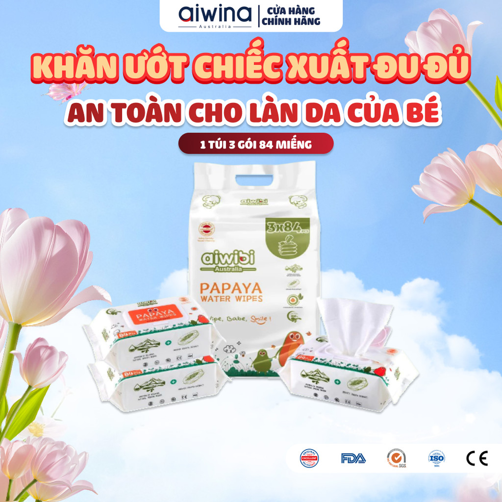 Khăn Giấy Ướt Aiwibi Chiết Xuất Đu Đủ Hữu Cơ Không Mùi và Không Cồn Cho Bé 1 lốc x 3 gói x 84 tờ