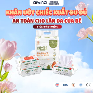 Khăn Giấy Ướt Aiwibi Chiết Xuất Đu Đủ Hữu Cơ Không Mùi và Không Cồn Cho Bé 1 lốc x 3 gói x 84 tờ