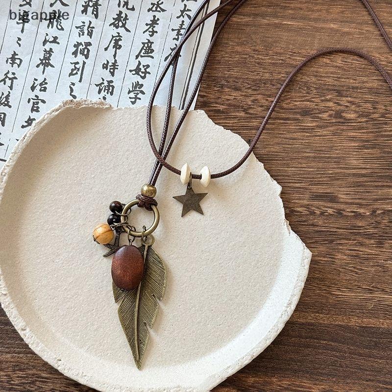 Bigapple Vintage Boho Kim Loại Lông Vũ Mặt Dây Chuyền Ren Nữ Handmade Lớp Trang Sức RDG