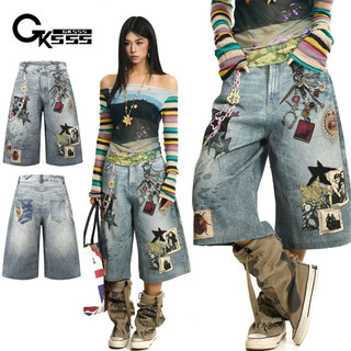 Quần short denim nam GKSSS, phong cách hip-hop Mỹ, chất lượng đường phố cao cấp, phong cách trung tính
