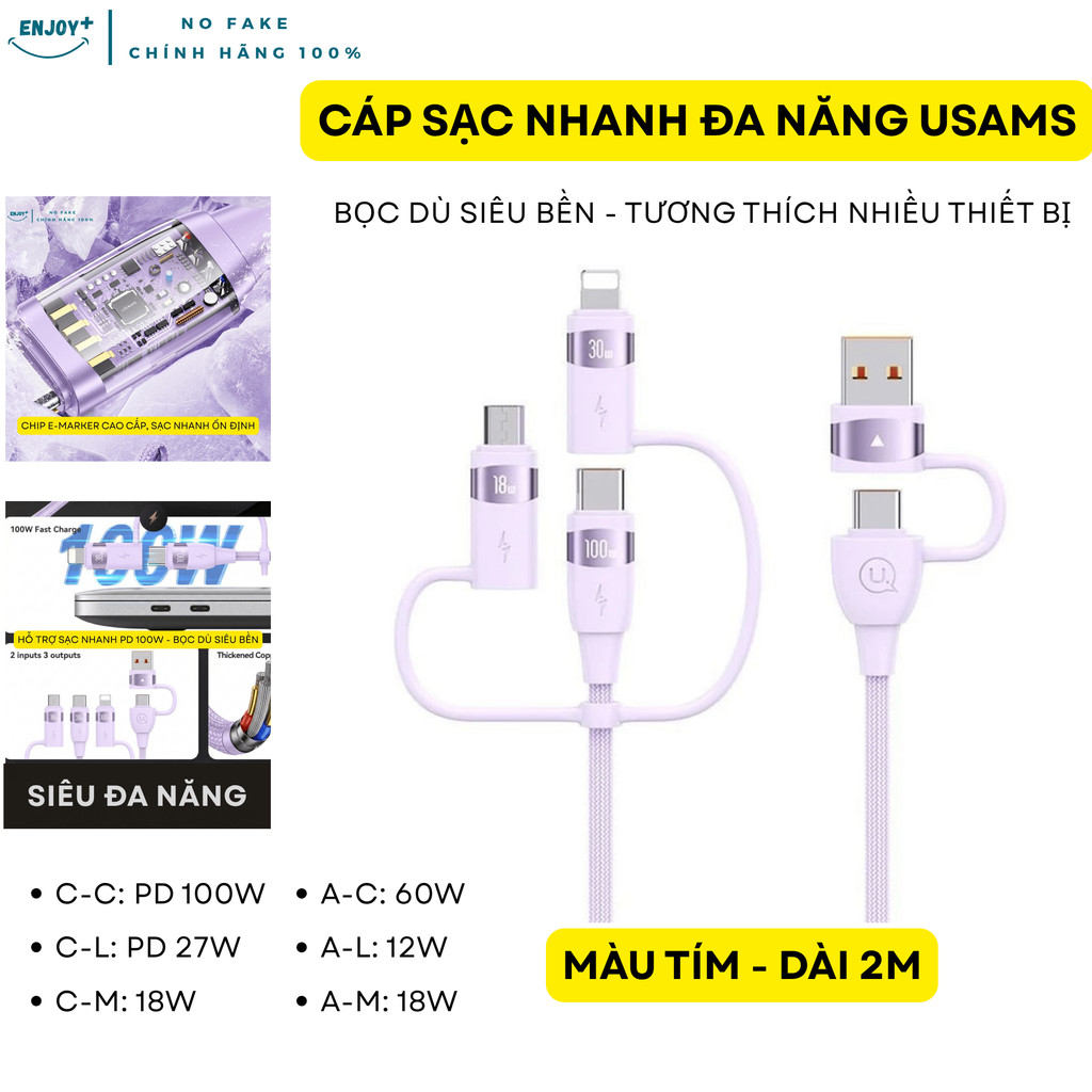 Dây cáp sạc nhanh USAMS PD100W 27W 6-in-1 USB lP type C/truyền dữ liệu Đa Năng Bọc Dù - ENJOYPLUS | BigBuy360 - bigbuy360.vn