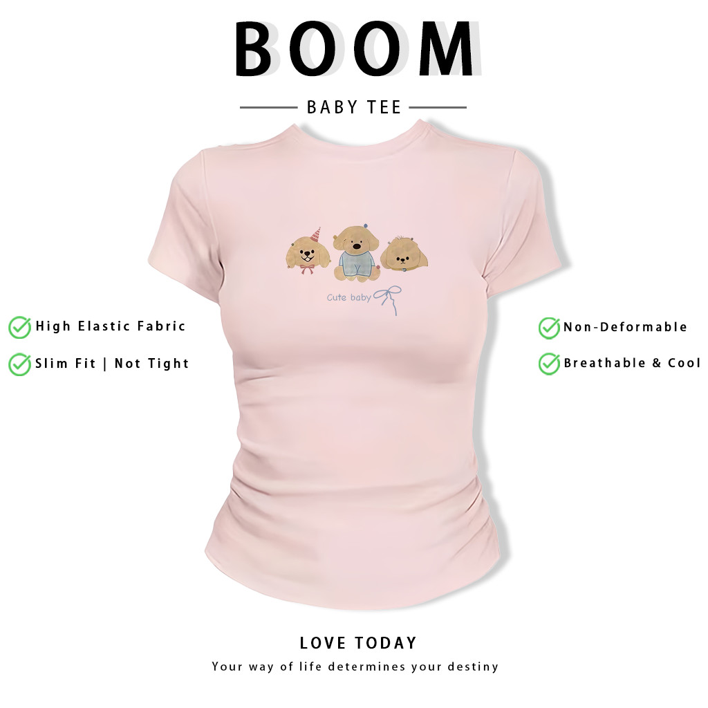 BOOM Áo Baby Tee Nữ Cotton Ôm Body-Áo Thun Ngắn Tay Y2K In Hình PhongCách Mùa Hè, Cổ Tròn Hàng Đầucách hàn quốc phongF30