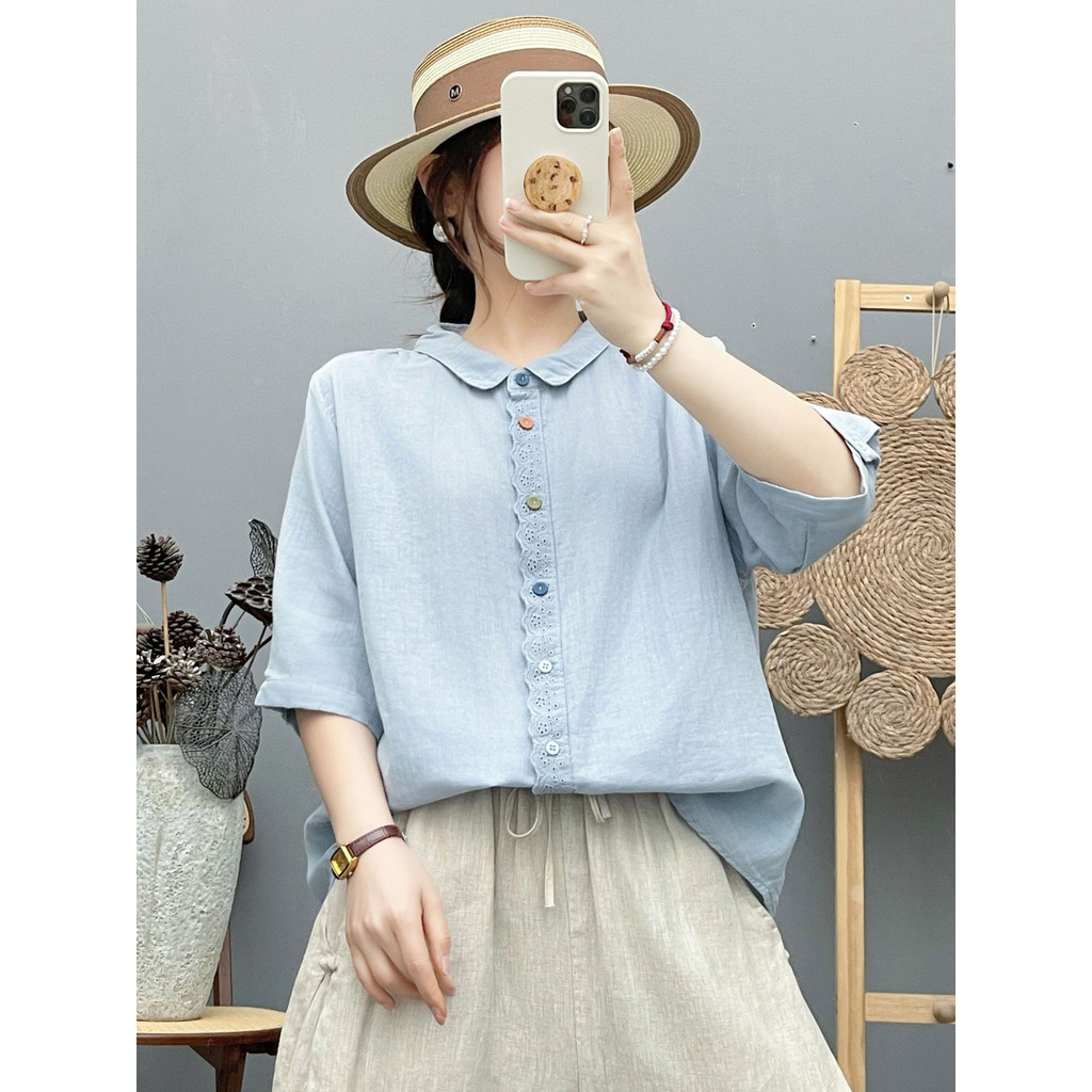 Áo Sơ Mi Nữ Sợi Cotton Cao Cấp Mùa Hè Pháp Văn Học, Ren Placket, Nút Màu, Tay Năm Điểm