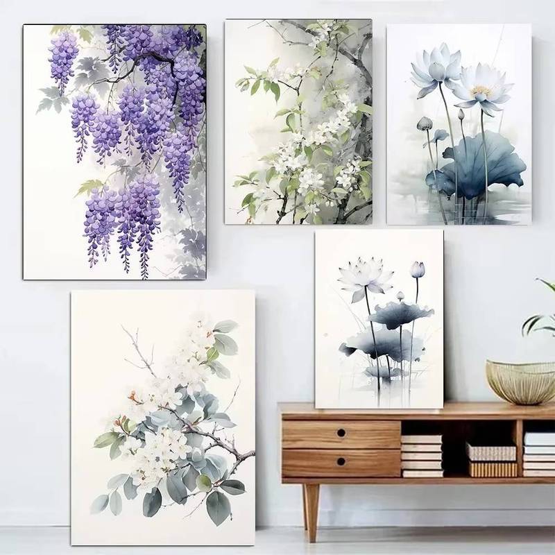 Hoa Tím Hoa sen Hoa trắng Poster Không khung Tranh Canvas để trang trí tường phòng gia đình