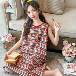 Đầm T-shirt cho bé gái – Vải mát, họa tiết kẻ sọc, phong cách Hàn Quốc, mùa hè thoáng mát