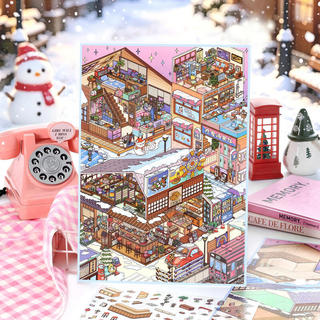 ENWEI 4 Chiếc [Dòng Góc Phố] Nhãn Dán Phong Cảnh Quá Khổ 3D Chống Thấm Nước Hot Spring Town Khách Sạn Cho Tạp Chí Sổ Lưu Niệm