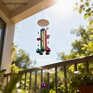 {BUDDI} Chuông gió bằng kim loại đầy màu sắc 5 ống Trang trí treo hàng đầu bằng gỗ cho sân vườn Trang trí sân hiên nhà {buddingenergy}