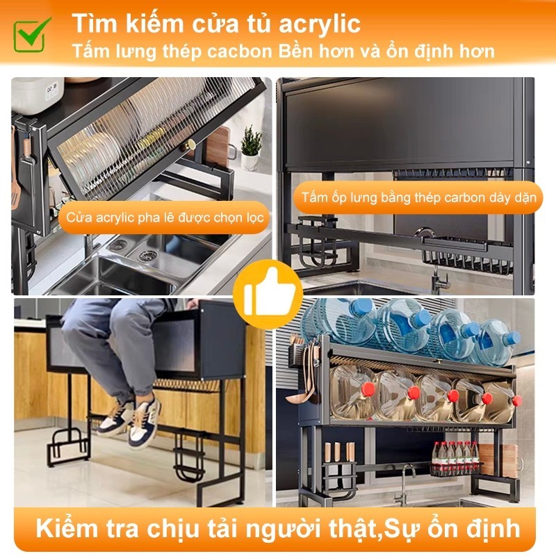 Kệ chén có thép cacbon Kệ Nắp Nhà Bếp Đa Năng Trên Bồn Rửa Giá để bát đĩa Có thể chịu được 200kg