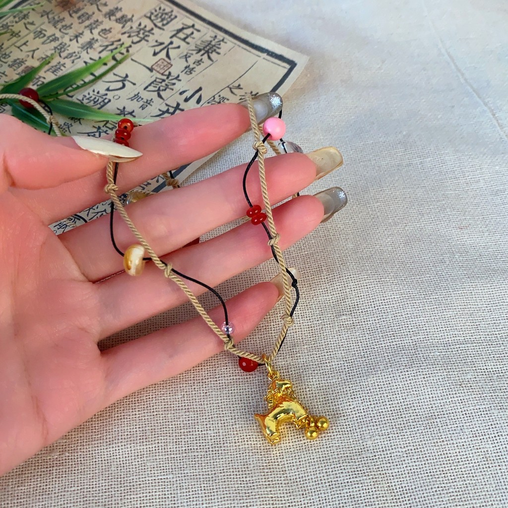 Mới Phong Cách Trung Quốc Hai Lớp Bện Đính Hạt Vòng Cổ Nữ Retro Pony Mặt Dây Chuyền Xương Đòn Dây Chuyền Benming Năm Phù Hợp Với Phụ Kiện Phong Cách Trung Hoa